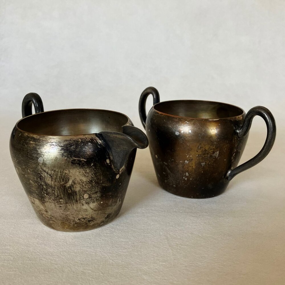 Vintage Academy Creamer Sugar Serving Bowl Silverplate Set Silver On Copper